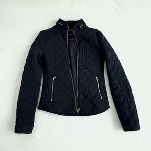 Zara Quilted Navy Blue Bomber Jacket with Zip Pockets
